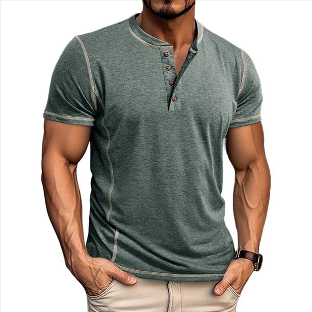 Camisetas de Corta para Hombre, Camisetas Informales de Algodón Estilo Henley, Camisetas Básicas de Verano Verde XXL