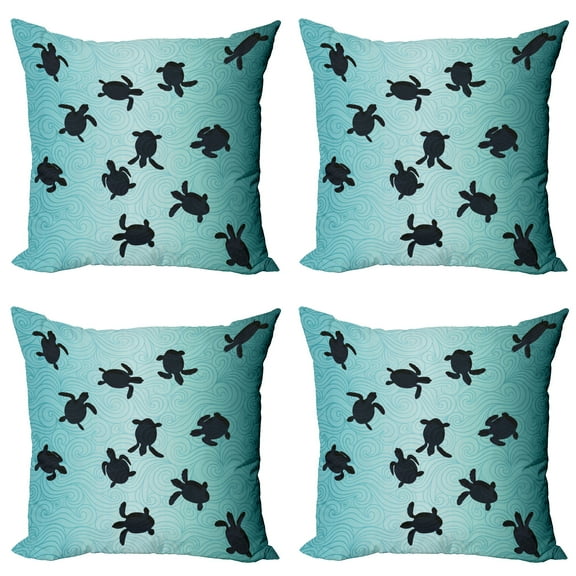 Ambesonne Ocean Throw Pillow Cover 4 Pack, Turtles Deep Sealife, 24", Dark Blue Teal