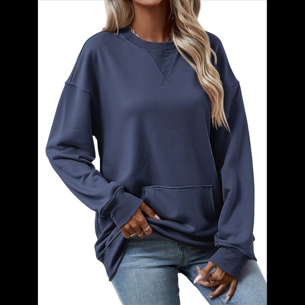 Sudadera de Larga para Mujer, Informal, con Cuello Redondo, , Ligera y con Bolsillo. Azul Marino S