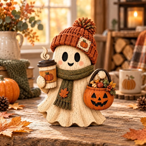 3 Layer Halloween Ghost Wooden Stand, Beanie Pumpkin Coffee Design for Autumn Table Display
