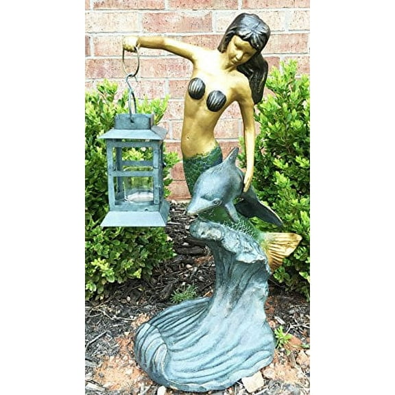Outdoor Lawn Garden Patio Nautical Coral Mermaid Holding Candle Lantern Statue Candleholder Lawn Ornament Decor
