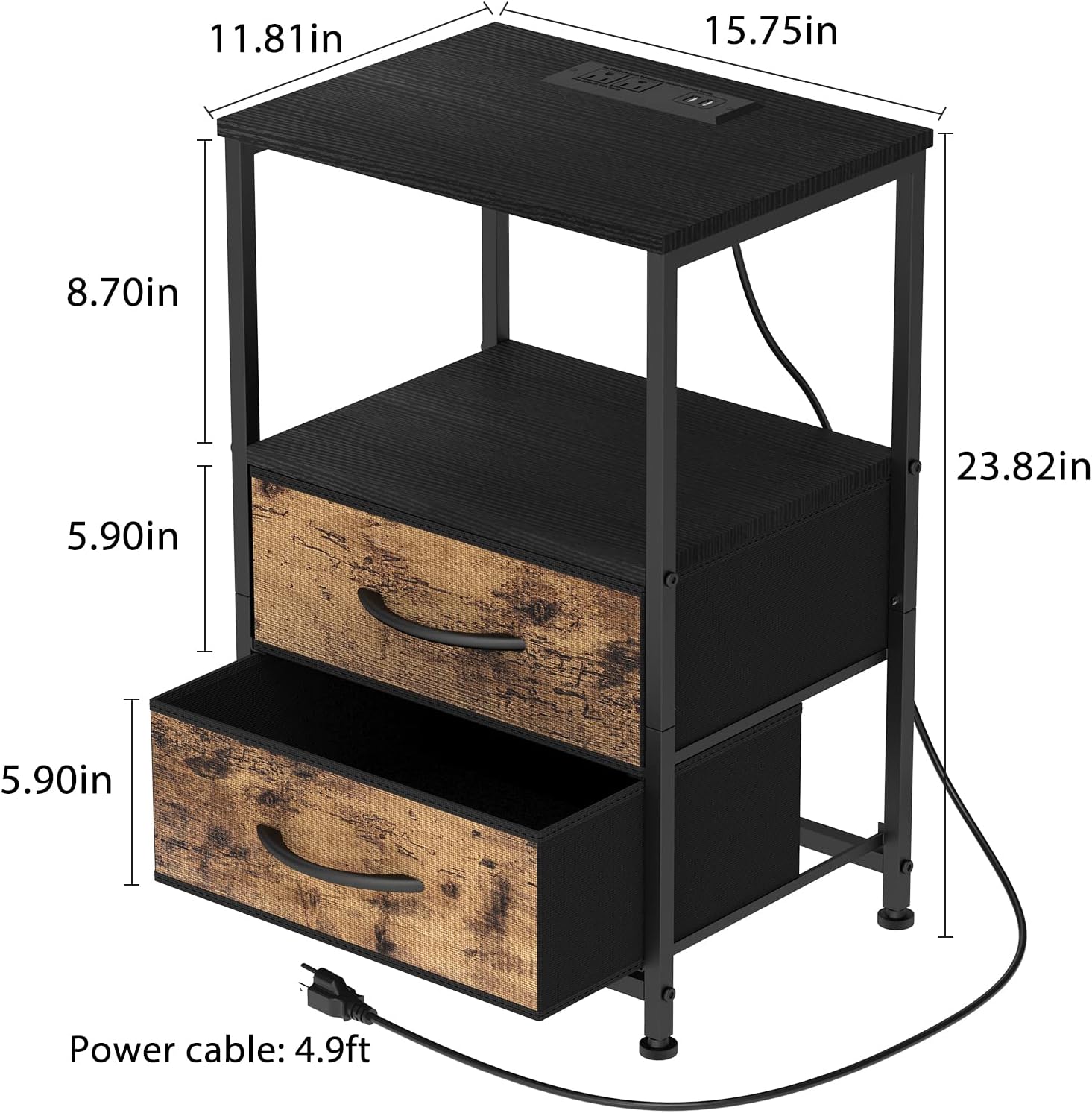 Oumilen Adult Nightstand with Charging Station Narrow End Table with 2 Fabric Drawers, Black