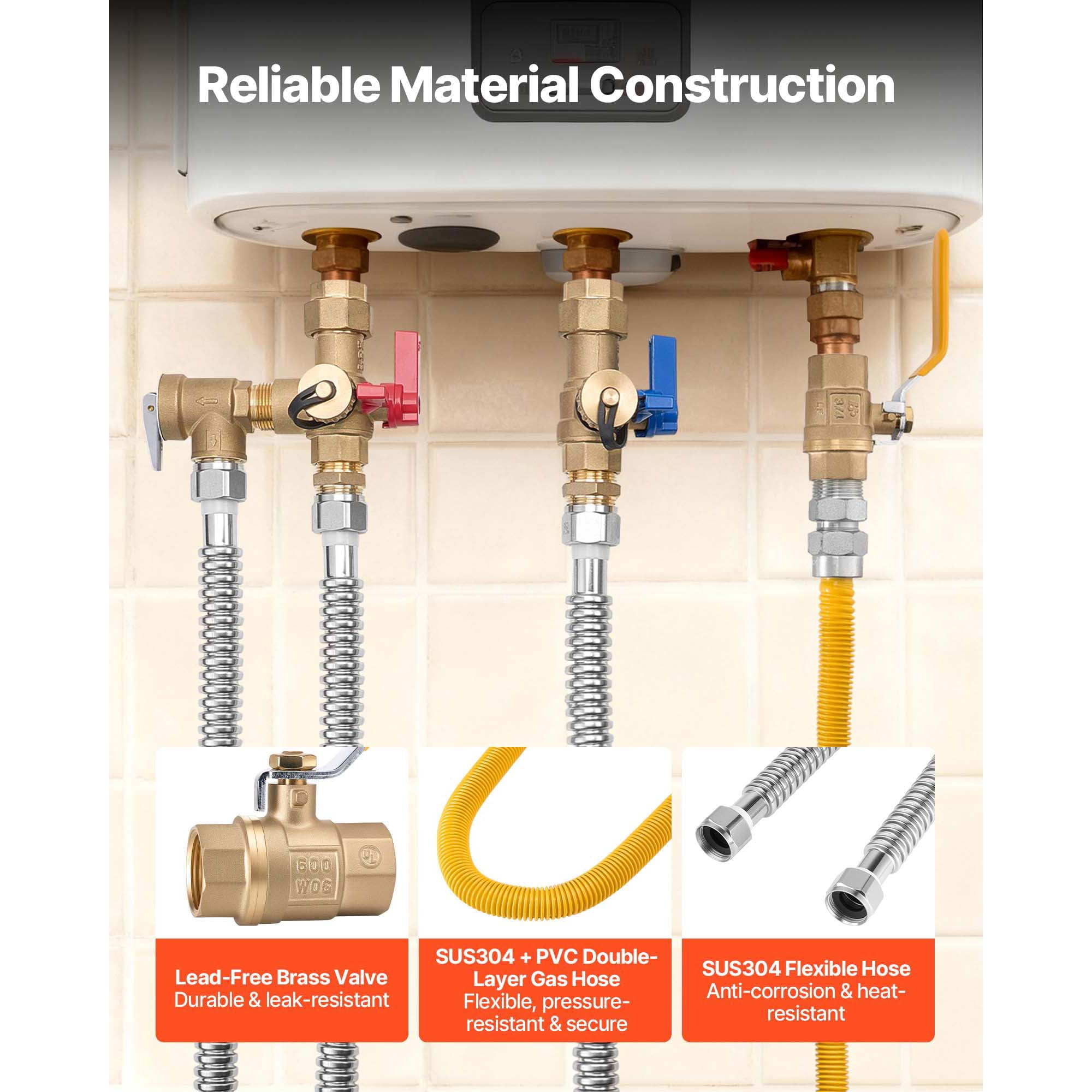 KFFKFF Water Heater Kit, 3/4 Inch Hot & Cold Water Plumbing Repair Set with Isolation Valves, Pressure Relief Valve, Ball Valve, Gas Hose, Works with Various Tankless Water Heater Models