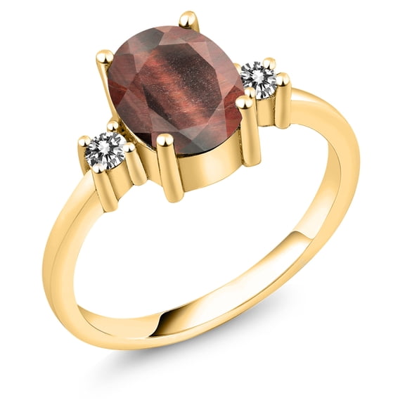 Gem Stone King 1.63 Ct Oval Red Tiger Eye White Diamond 18K Yellow Gold Plated Silver Ring (Size 9)