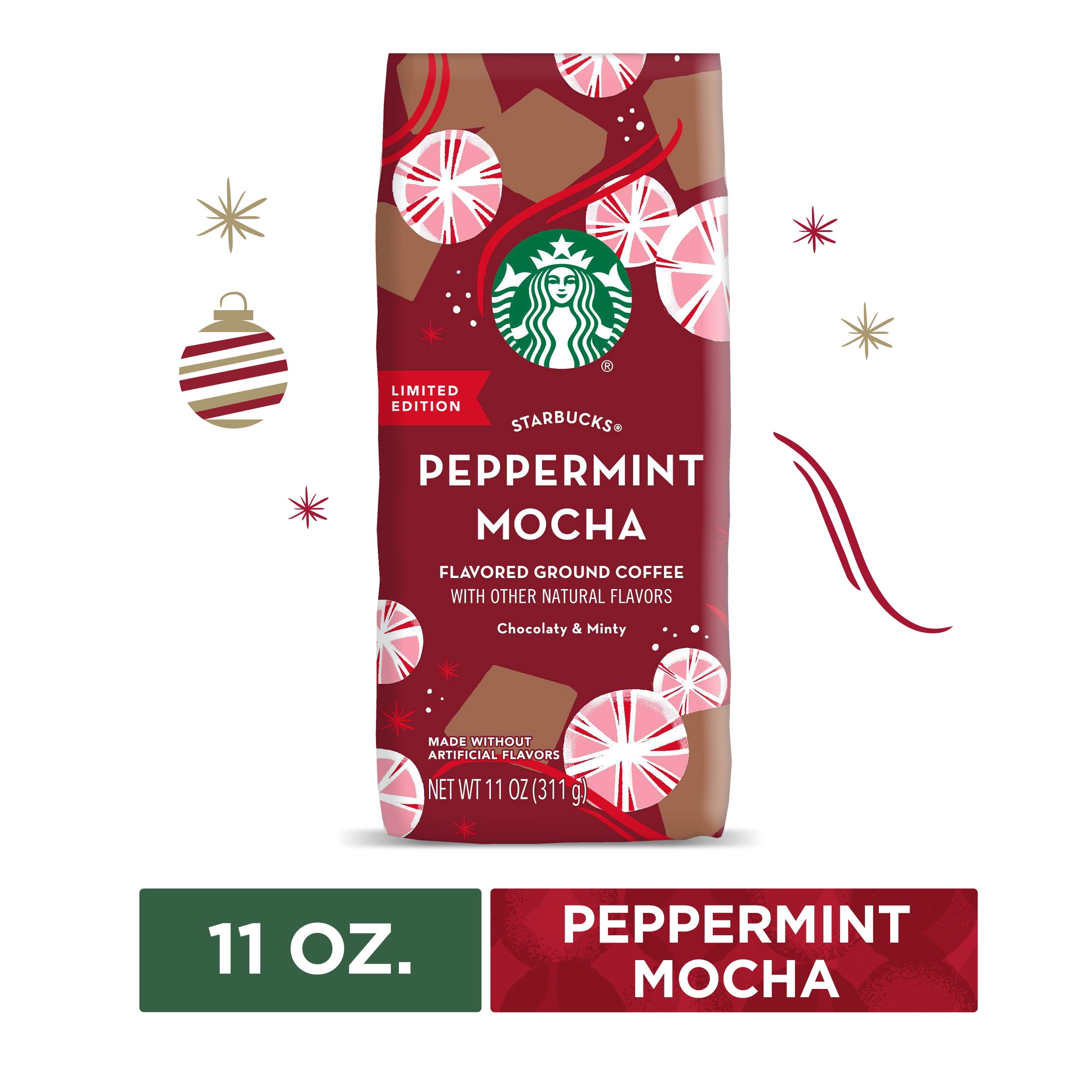 Starbucks Peppermint Mocha Flavored Medium Roast Ground Coffee 11 Oz. Bag Chocolaty & Minty