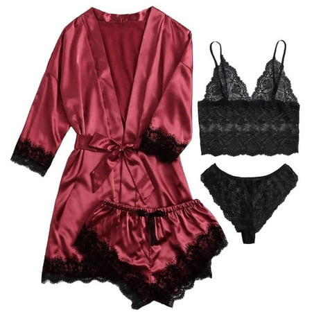 4 Pieces Woman Sleepwear Pajamas Ser With Robe Sexy Lace Lingerie Bathrobe Silk Satin Home Clothed Nightwear Robe Claret M