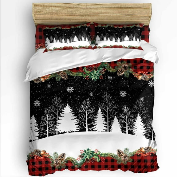 Black Christmas King Size Comforter Set, Winter Snowflakes Tree Xmas Garland Plaid Soft Bedding for All Seasons, 4 Pcs Bed Set with 1Comforter (90"x106") ,1 Sheet(94"x116"), 2 Pillowcases (19"x35")