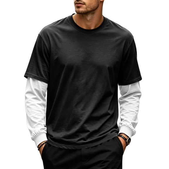 OIOLOYJM Men's Fake Two Piece T-Shirt Long Sleeve Crew Neck Casual Layered Tee Shirts Fashion Basic Athletic Work Pullover Black XL