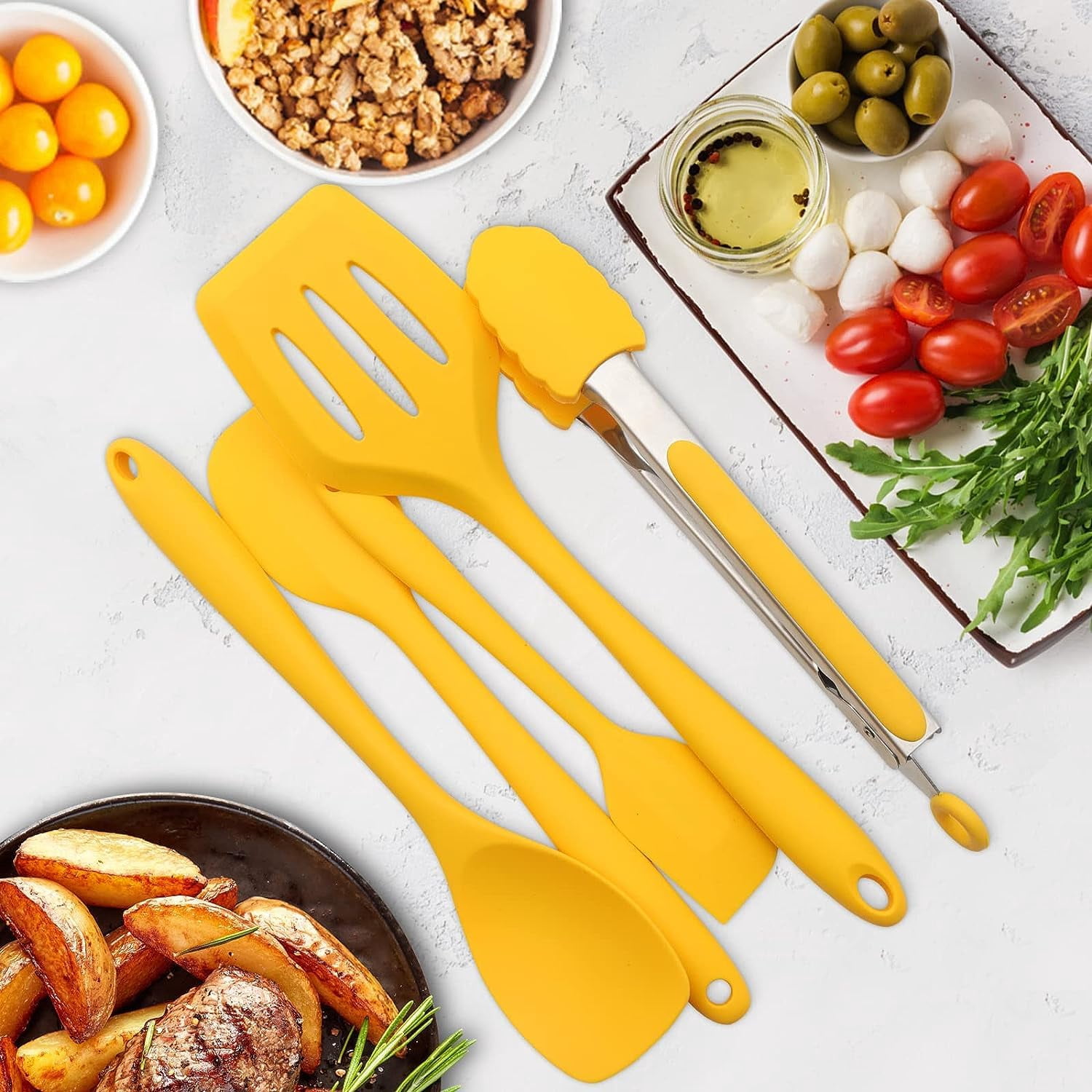 11-Piece Silicone Cooking Utensil Set, Non-Stick Kitchen Gadgets with Spatulas, Includes Iron Utensil Holder, Non-Scratch Heat-Resistant Kitchen Tools (Yellow)