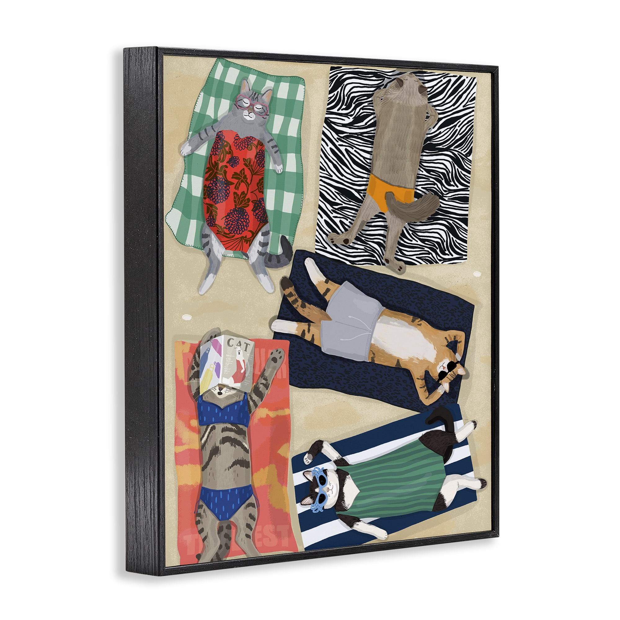Stupell Industries Summer Sunbathing Cats Black Framed Giclee Art, design by Hanna Melin