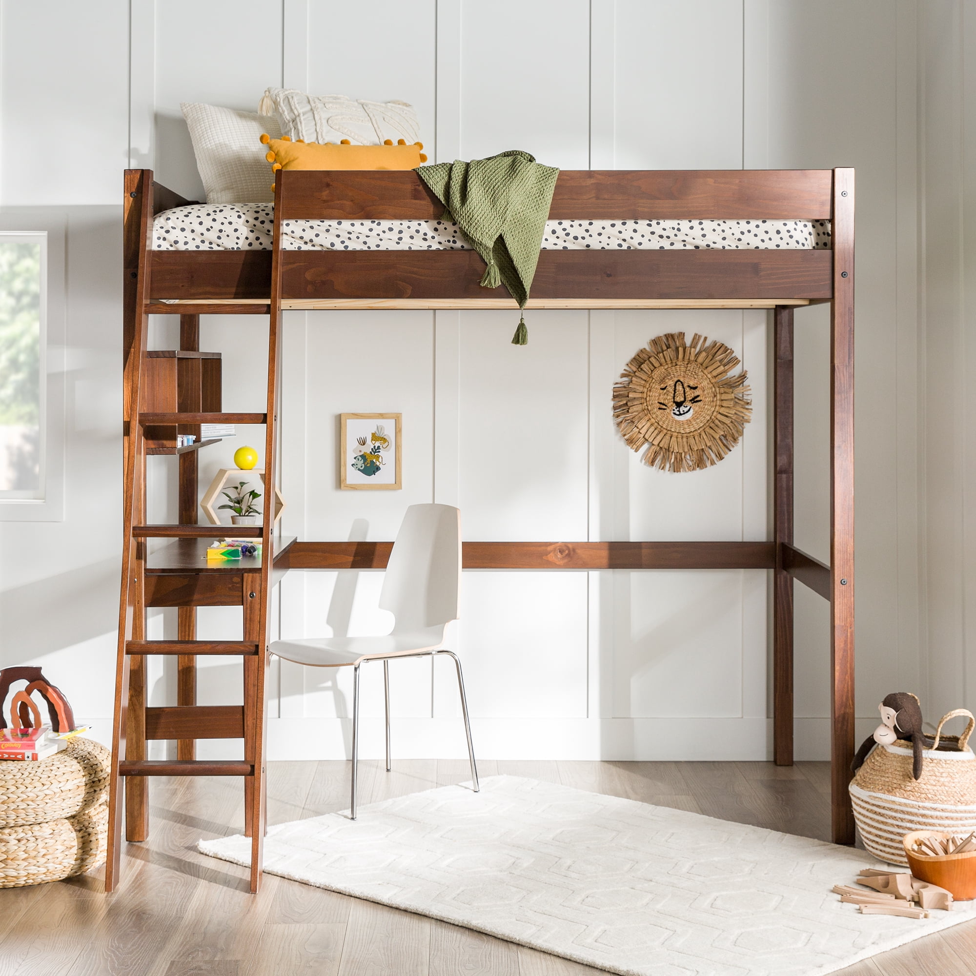 Manor Park Pine Wood Loft Bed Storage, Twin, Walnut
