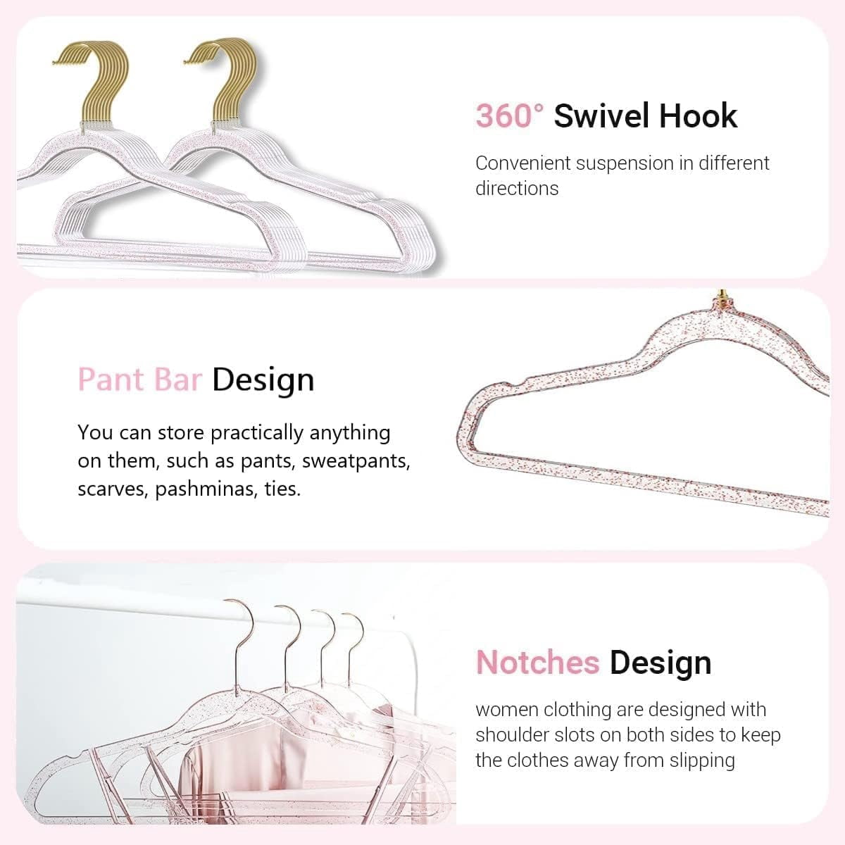 Pink Clothes Hangers, Pack Plastic Clear Coat Hanger for Closet, Durable Bling Ganchos de Ropa with Swivel Hook, Notched Shoulders & Ultra-Thin Space Saving Laundry Hanger for Dress Suits