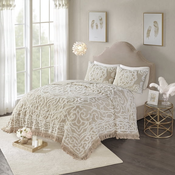 Tufted Cotton Chenille Medallion Fringe Coverlet Mini Set Taupe Full/Queen On-Site