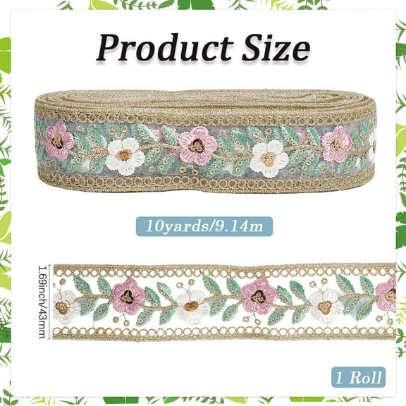 10 Yards 0rganza Flower Embroidered Ribbon Trim Tape Jacquard Polyester Boho Sequin Embroidery Ribbons Floral Woven Applique Trimming Bulk for Sewing Making Crafts Cloth Dress Embellishment