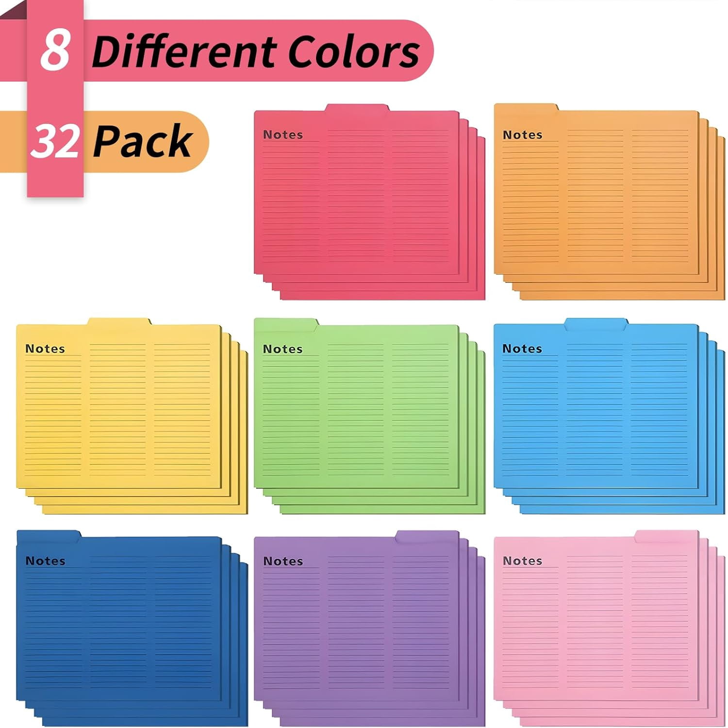 32PCS Colored File Folders, Notes Tabbed File Folders, File folders with tabs, Letter Size Lined, 1/3 Cut, 11.5 x 9.6 Inch, 8 Colors Document Storage for Home Office