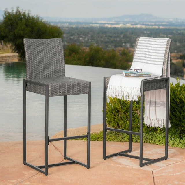 Noble House Conrad Outdoor Grey Wicker Barstools - Set of 2, Grey