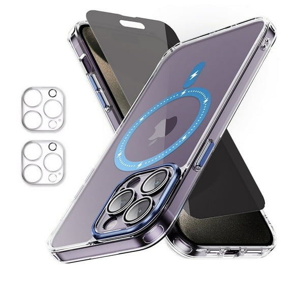 Xhy iPhone 15 Pro Max Magnetic Case with Privacy Screen and Lens Protector Compatible with Magsafe Shockproof Non-Yellowing Crystal Clear Phone Case for iPhone 15 Pro Max 6.7 Inch Blue