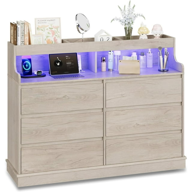 6-Drawer Dresser with LED Lights & Charging Station, USB Ports