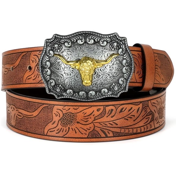 TELOLY Western Belts Cowboy Cowgirl Country Belt Longhorn Bull Buckle Floral Embossed Belt for Jeans Dresses