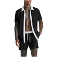 thumbnail image 2 of Weiqiqre Men's 2 Piece Vertical Striped Textured Outfits Summer Casual Button Down Shirts And Pants Matching Sets, 2 of 6