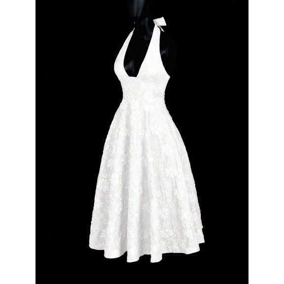 White Halter Neck Deep V-Neck Backless Bowknot Floral Jacquard Fit & Flare Dress