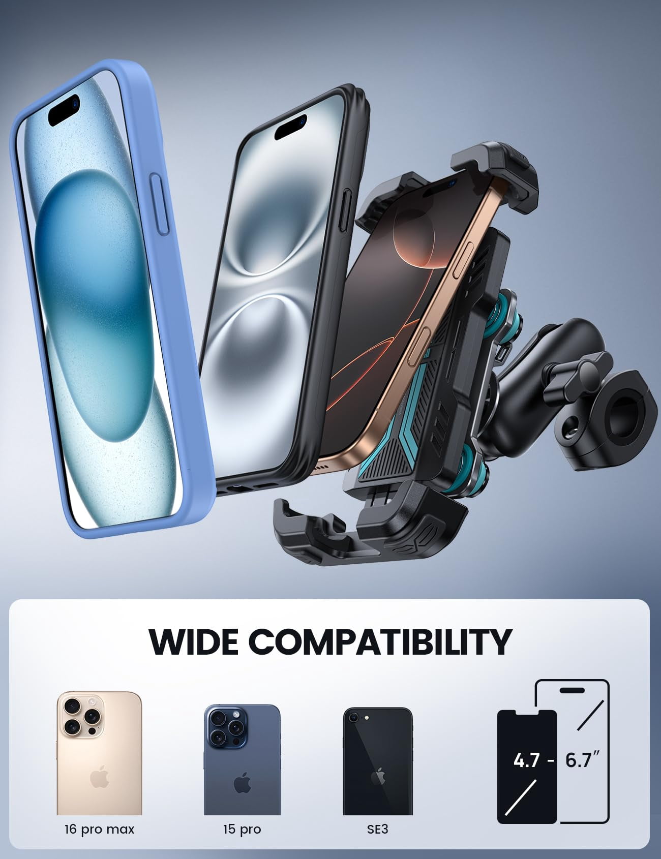 Motorcycle Phone Mount Holder - [Dual Vibration Dampener] [Metal Adjustment Arm] Motorcycle Cell Phone Holder, Bike Handlebar Phone Mount, Gifts for iPhone 16 15 14 Pro Max, 4.7-6.7" Phones