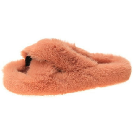 

Woman House Sandals Fuzzy Non-skid Thick Open Toe Slides Cross Band Slippers