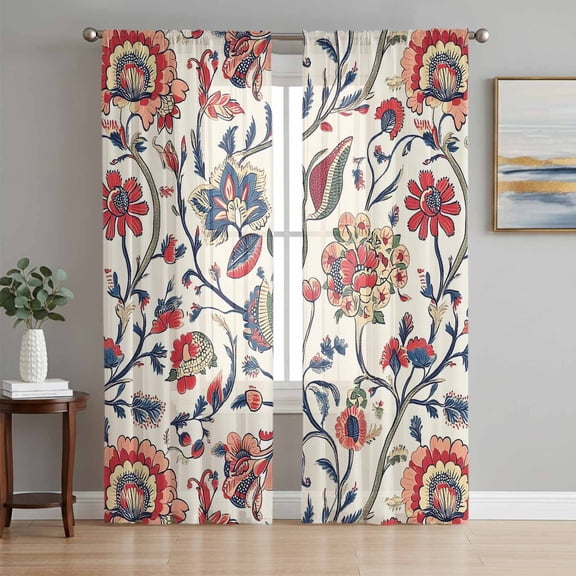 Boho Flowers Sheer Curtains 63 Inch Length 2 Panels Set, Watercolor Red Orange Floral Branch Leaf Voile Window Treatment Rod Pocket Curtains Sheers Drapes for Bedroom/Living Room/Kitchen 52x"63"x2