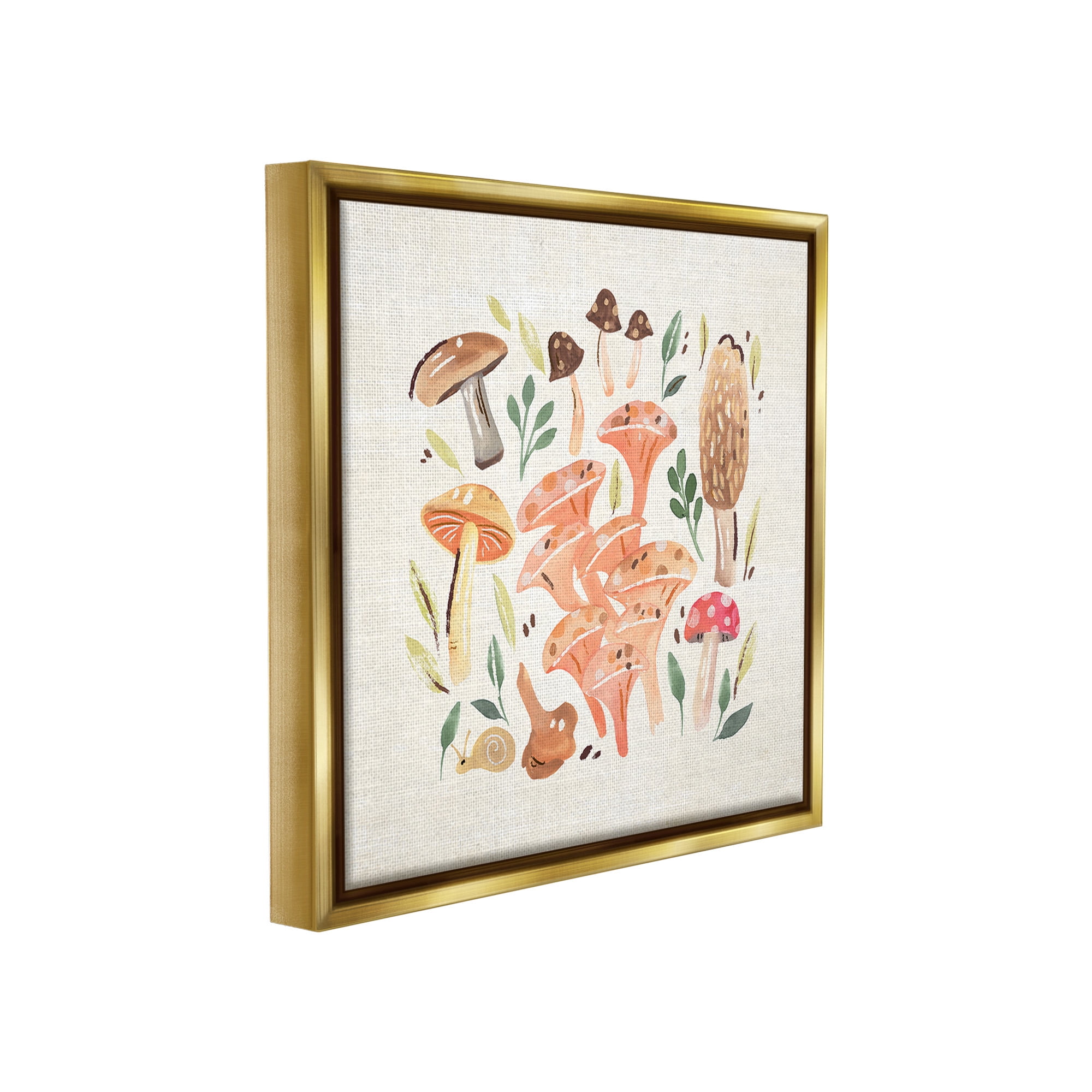 Stupell Industries Varied Mushrooms & Snail Botanical & Floral Painting Gold Floater Framed Canvas Art Print Wall Art, 25 x 25