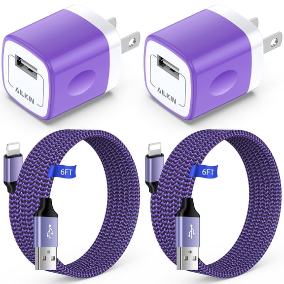 Compatible with iPhone Charger Fast Charging AILKIN 2Pack Charger Block with 6ft Cord Charging Block Plug Power USB Wall Charger Adapter Compatible with iPhone 14/13/12/11,Purple