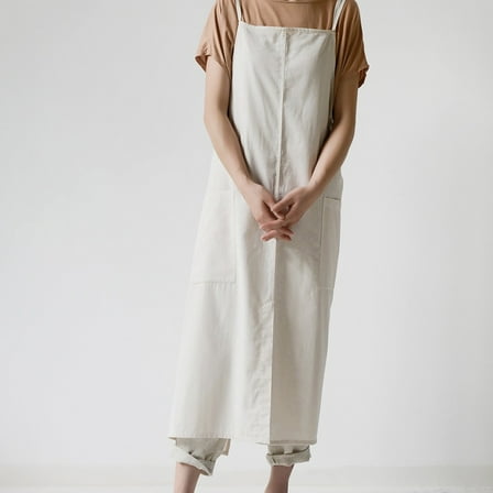 Cotton Aprons Smock with Pockets Cross Back Apron for Kitchen Garden Work Clothes-Beige White