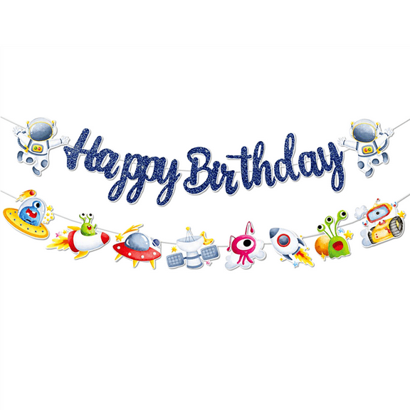 Space Theme Happy Birthday Banner Set - Sparkling Blue Letters with Astronaut Rocket Alien Decor for Party Decorations