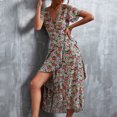 thumbnail image 3 of Vestido cruzado floral para mujer, cuello en V, cintura, cinturón, manga con volantes, dobladillo asimétrico, vestido largo de verano, azul, rosa, L, 3 of 6