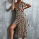 thumbnail image 3 of Vestido cruzado floral para mujer, cuello en V, cintura, cinturón, manga con volantes, dobladillo asimétrico, vestido largo de verano, azul, rosa, S, 3 of 6