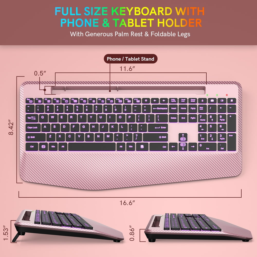 Wagpak Wireless Keyboard with 7 Colored Backlits, 102-Count and Wrist Rest (Rose gold)