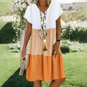 Aimik Summer Casual Loose Stripe Dot Mini Dresses for Women Patchwork Fashion V-Neck Short Sleeves Beach Daliy Party Plus Size Sun Dress