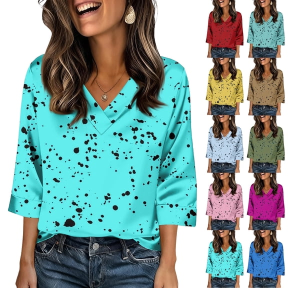 AHMOMEI Women's Silk Satin Blouse Dressy Polka Dots Women's 3/4 Sleeve Shirts V Neck Spring Summer Womens Tunics
