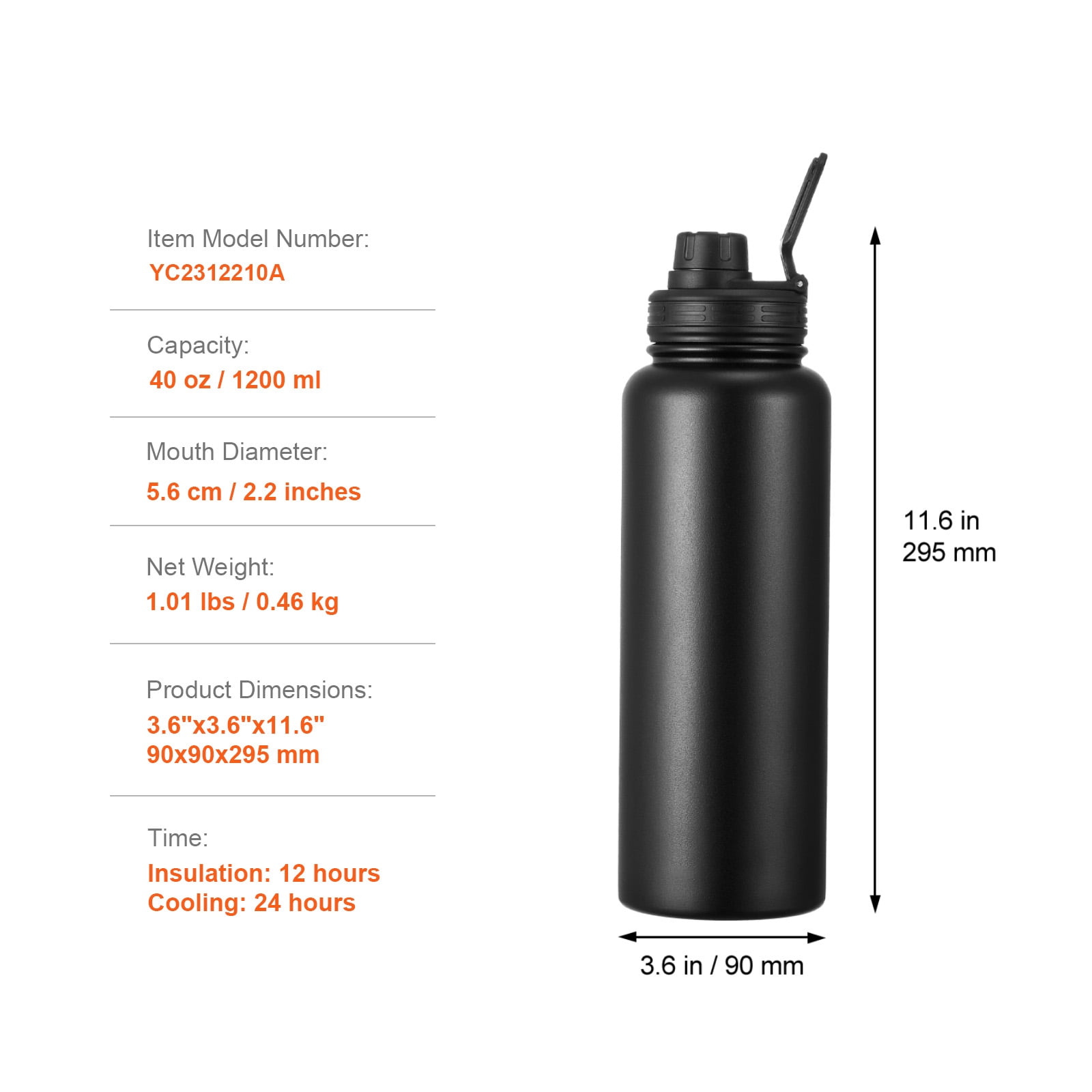 KFFKFF 40 oz Hydration Container, Stainless Steel Outdoor Adventure Water Flask with Broad Opening Cap, Athletic Coffee Mug Double Layered, Leak-Resistant, for In/Outdoor Activities, FDA Approved