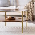 thumbnail image 4 of Rectangle Coffee Table Mid-Century Modern Design L W x H for Living Room - Structure Amber Glass Top and Walnut MDF Shelf Sleek Conical Metal Legs with Gold Finish, 4 of 9