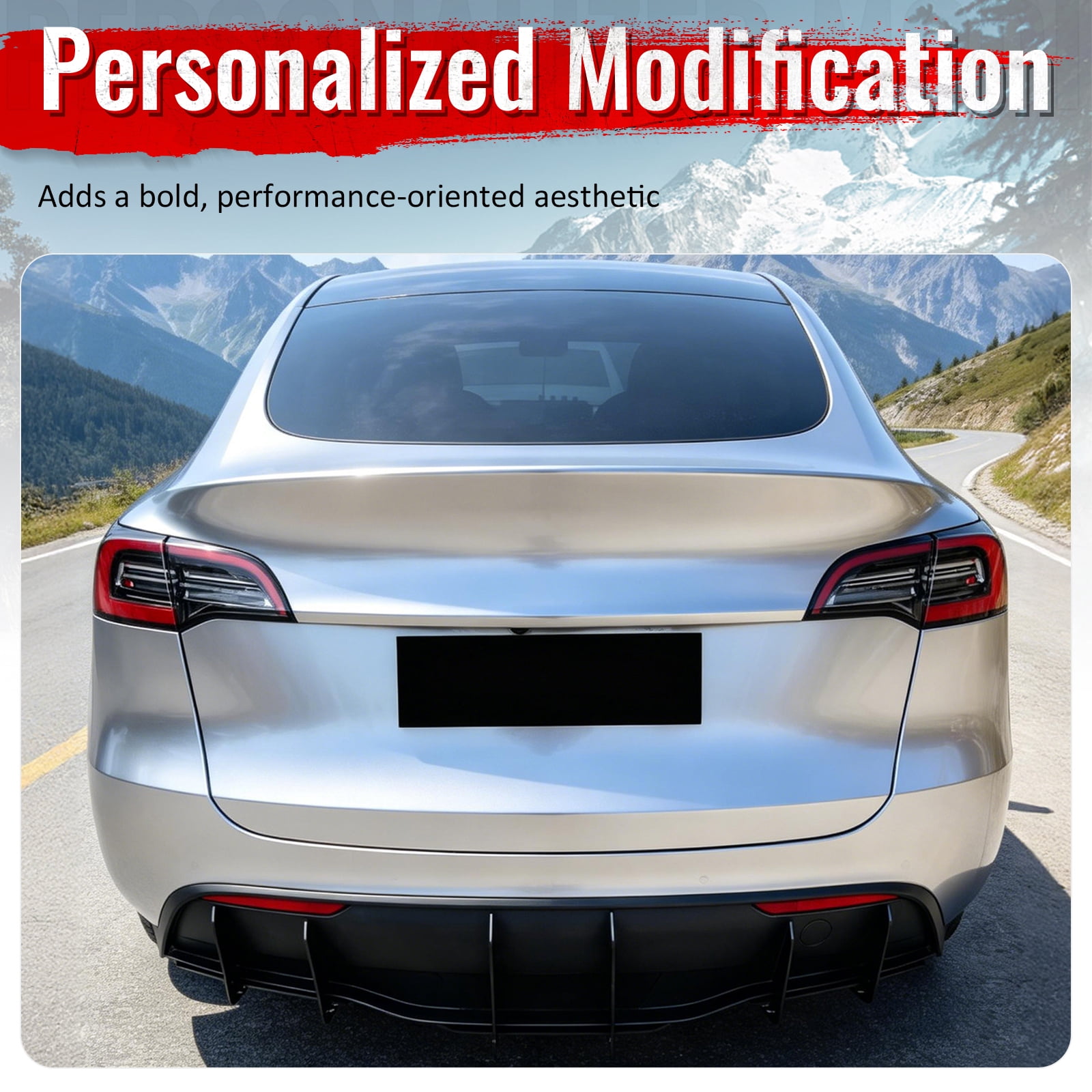 Ikon Motorsports 3PCS Rear Bumper Lip Diffuser Lower Valance Shark Fin For 2020-2025 Tesla Model Y IKON Style Painted Gloss Black ABS Plastic