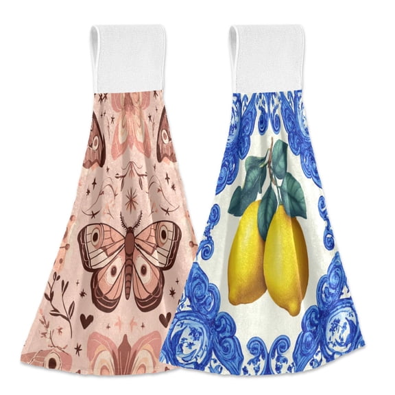 IAUYY Kitchen Hanging Towels Set of 2 100% Polyester Absorbent, Super Soft Hand Towels with Hanging Loops for Bathroom Kitchen Exquisite Form Embedded in Blue