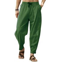 SWSMCLT Men's Long Casual Pants Pleated Trousers Linen Pants Cotton Drawstring Pocket Winter Comfy Green X-Large