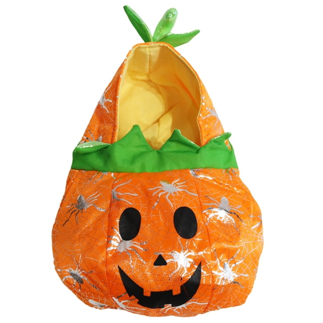 ropa de halloween para perros y gatos, ropa estilo calabaza para perros Yageerya naranja: vista frontal centrada de disfraz acolchado con capucha en forma de calabaza, hojas verdes en la capucha e interior amarillo; estampado de telarañas plateadas y cara de jack-o'-lantern en negro; material poliéster según la ficha; busto aprox. 35 cm y circunferencia de cuello 30 cm, talla para mascotas pequeñas. Adecuado para fiestas, cumpleaños y fotos.