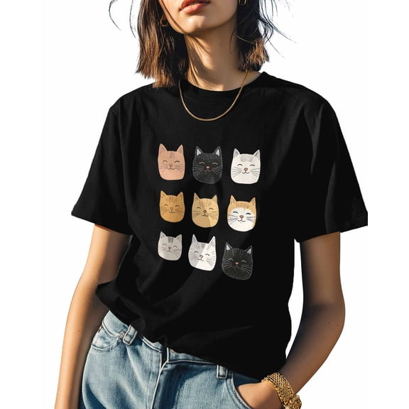Cute Cat Womens Tshirt Graphic Tees Cotton Crew Neck T-Shirts, Casual Short Sleeve Shirts for Women Teen Girl Cartoon Animal