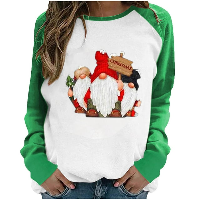 RKSTN Chandail en Molleton pour Femmes Noël Col Rond Père Noël Imprimé Chandail en Molleton Manches Longues Pactchwork Blouse Régulière