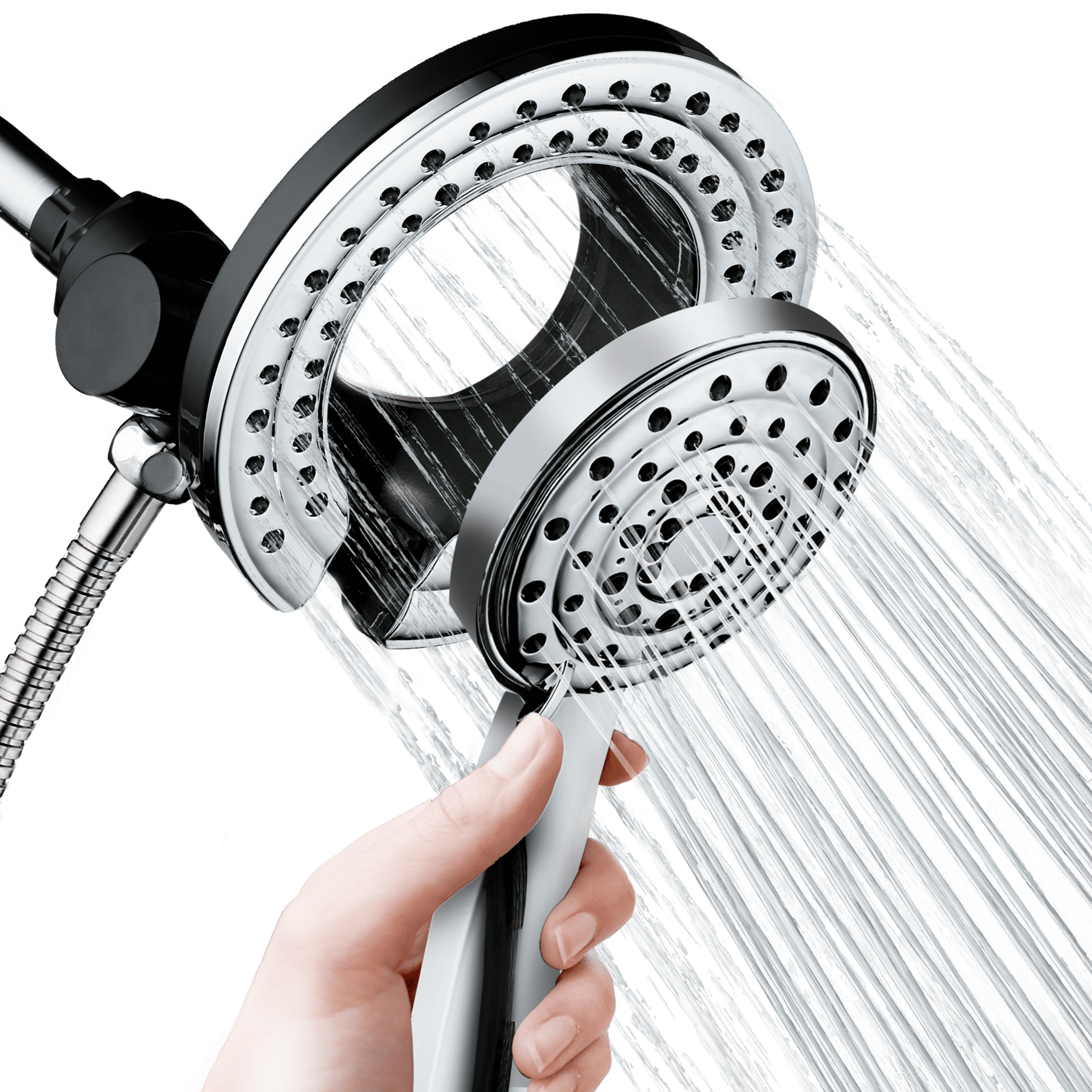 BLACK+DECKER Dual Shower Head with 5 Spray Settings and Detachable Wand and Stainless Steel Hose, Chrome
