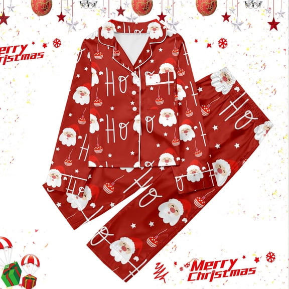 Tfken Girls Christmas Pajamas Santa Claus Print Button Down Long Sleeve Top Pants 2 Piece Pjs Set Fall Winter Casual Family Gathering Xmas Loungewear,Size 3-14 Years Red