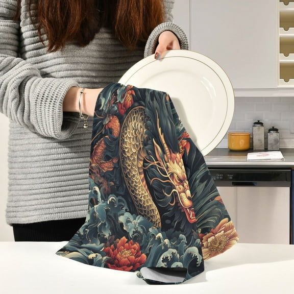 BZSMCE Kitchen Towels Creative Dragon Pattern Pattern Durable Kitchen Towel