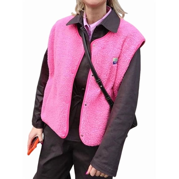 Female Fleece Sleeveless Jacket Warm Outerwear with Pockets Rose Red S