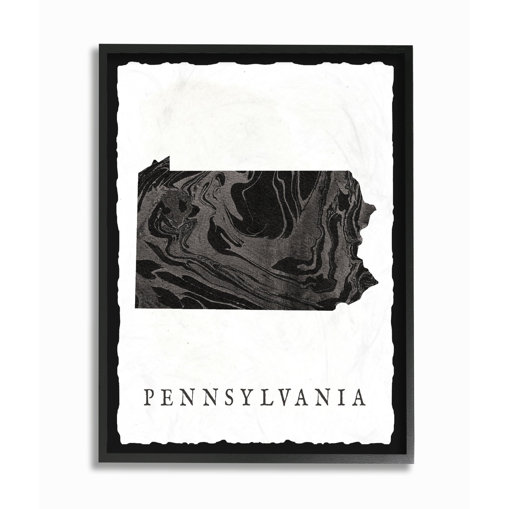 Black and Grey Marbled Paper Pennsylvania State Silhouette Oversized Framed Giclee Texturized Art, 16 x 1.5 x 20